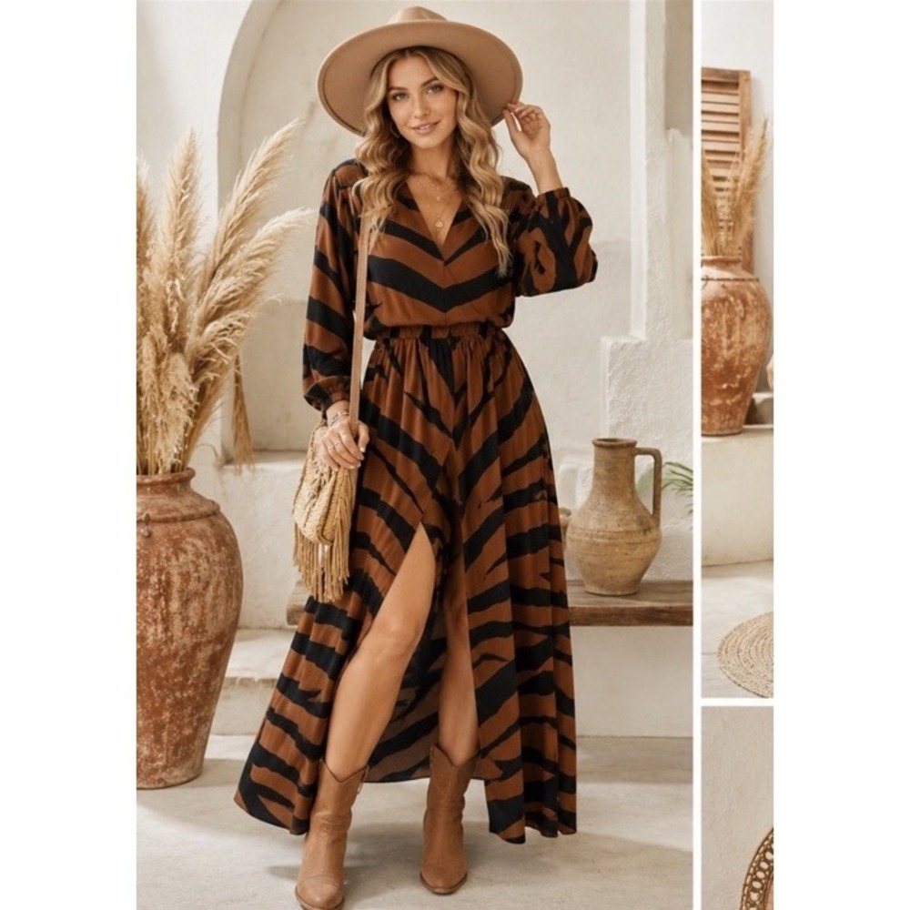 Pantera Zebra Print Maxi Dress Medium Brown Black Boho Front Slit Long Sleeve
